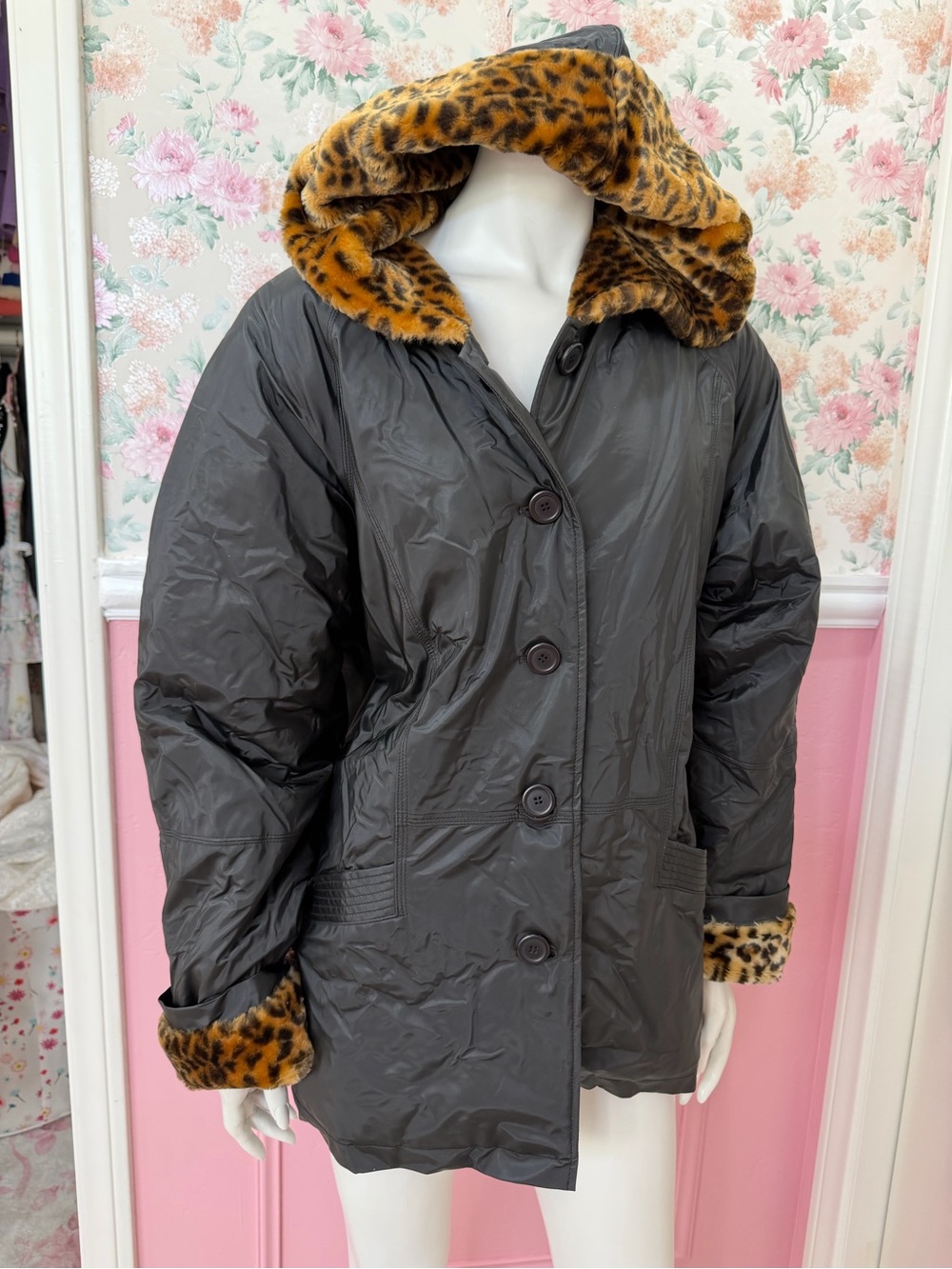 American Vintage Black Puffer Jacket with Leopard Faux-Fur Trim